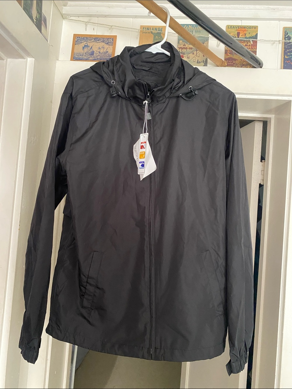 Men's Black Hooded Windbreaker Jacket with Adjustable Hood